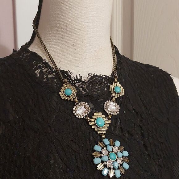 Faux Turquoise Rhinestones and Brass Tone Mixed Media Boho Statement Necklace - Picture 2 of 7
